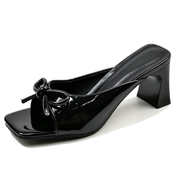 CHICVOMEY Womens Bow Knot Block Heel Mule Sandals Square Toe Open Toe Patent Leather Slide Heels Slip on Chunky Heel Slippers for Summer Party Wedding Daily Wear