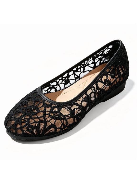 Womens Hollow Out Lace Mesh Ballet Flats Breathable Sheer Slip On Shoes Shallow Mouth Soft Rubber Sole Casual Flat Shoes for Summer Daily Wear Beach