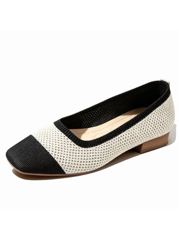 Womens Knit Square Toe Ballet Flats Two Tone Black and Beige Comfortable Slip On Shoes Breathable Stretch Knit Casual Flats for Work Office Travel Daily Wear