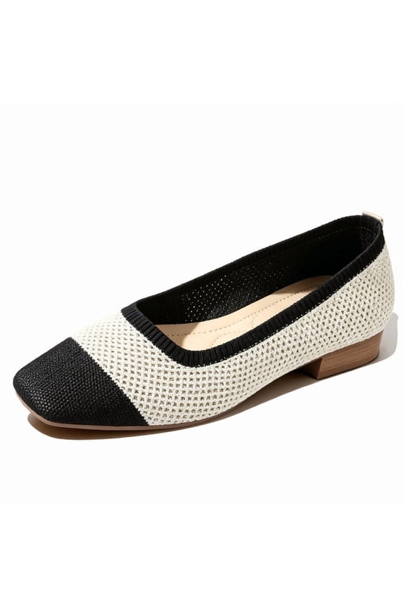 Womens Knit Square Toe Ballet Flats Two Tone Black and Beige Comfortable Slip On Shoes Breathable Stretch Knit Casual Flats for Work Office Travel Daily Wear