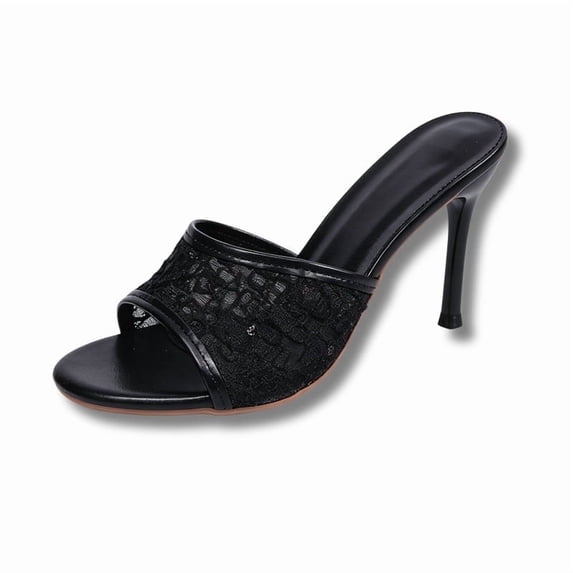 CHICVOMEY Womens Lace Letter Heel Sandals Open Toe Slip On High Heel Slides Sheer Mesh Spool Heel Party Heels for Club Wedding Evening Wear