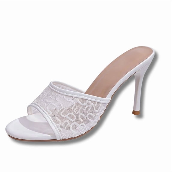CHICVOMEY Womens Lace Letter Heel Sandals Open Toe Slip On High Heel Slides Sheer Mesh Spool Heel Party Heels for Club Wedding Evening Wear