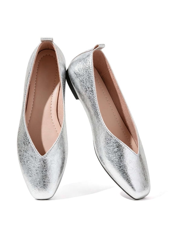 Womens Metallic Crackle Square Toe Flat Shoes Slip On Shiny Leather Ballet Flats Low Heel Casual Dress Shoes for Wedding Daily Party