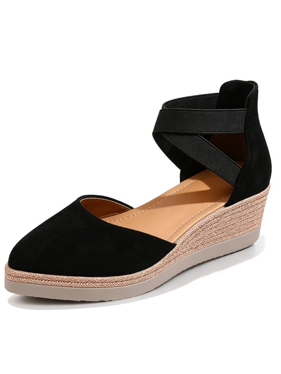 Womens Pointed Toe Wedge Sandals Espadrille Platform Ankle Strap Shoes Hollow Out Faux Suede High Heel Pumps for Summer Vacation Casual Daily Wear