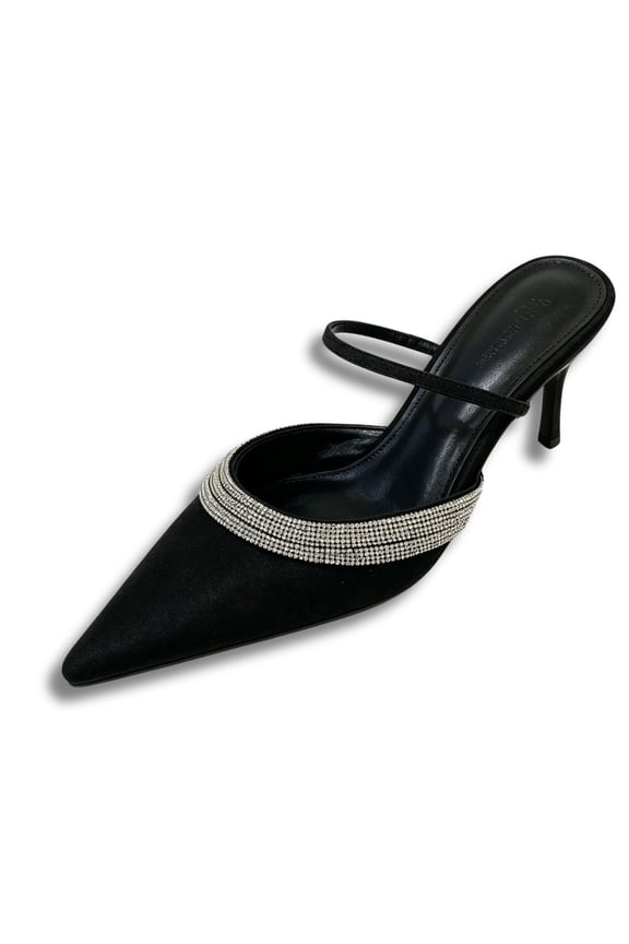 Womens Rhinestone Pointed Toe Stiletto Mule Slides Single Thin Strap High Heel Sandals Slip On Satin Party Heels for Evening Club Wedding Wear