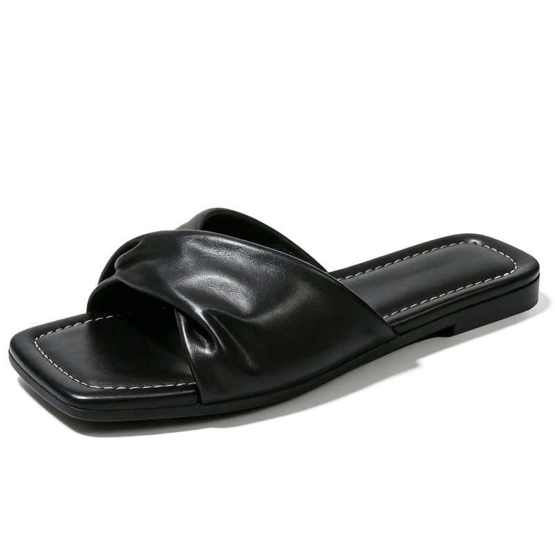 CHICVOMEY Womens Ruched Strap Slide Sandals Square Toe Flat Slippers ...