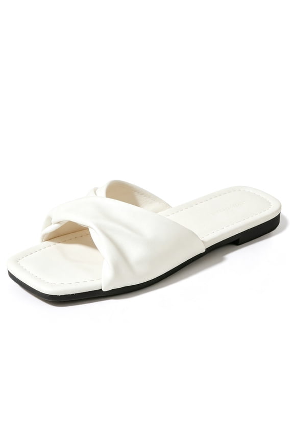 Womens Ruched Strap Slide Sandals Square Toe Flat Slippers Minimalist Faux Leather Slip On Shoes Non Slip Soft Sole Sandals for Summer Beach Casual Daily Wear