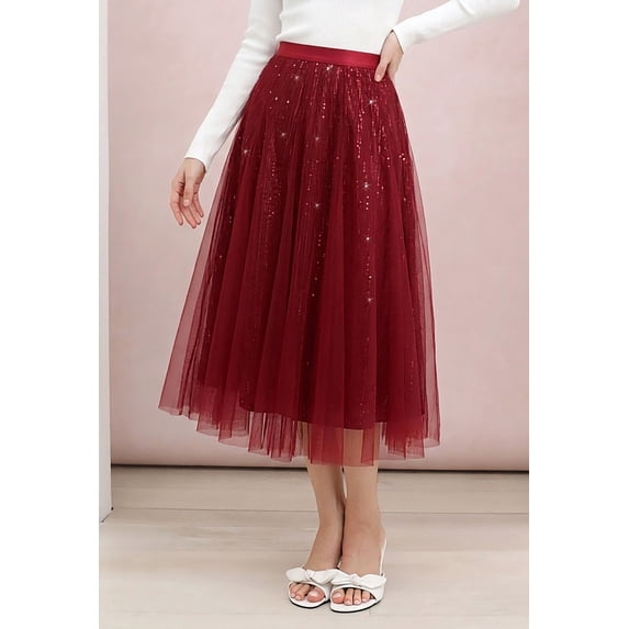 CHICWISH Sequins Tulle Skirts Elastic Waist Mesh Midi Holiday Flowy Layered Red Skirt