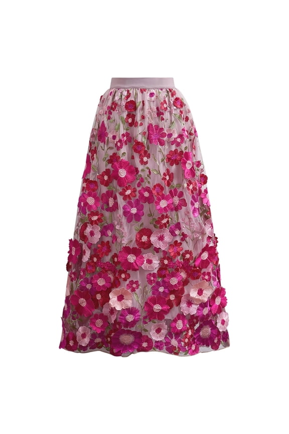 Women 3D Floral Applique Embroidery Maxi Skirt Elastic High Waist A-Line Garden Party Mesh Tulle Skirt Magenta