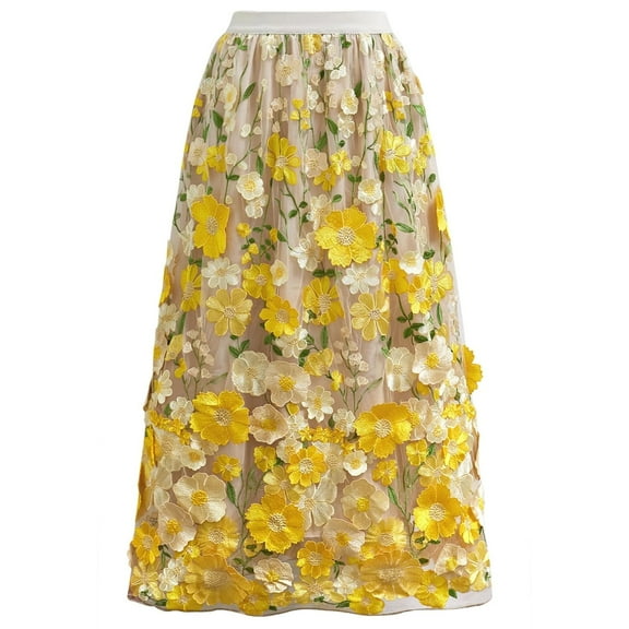CHICWISH Women 3D Floral Applique Embroidery Maxi Skirt Elastic High Waist A-Line Garden Party Mesh Tulle Skirt Yellow