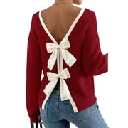 CHICWISH Women Bow Open Back Ribbed Knit Sweater Long Sleeve Crewneck Sexy Casual Holiday Party Backless Tie Sweater Tops Red