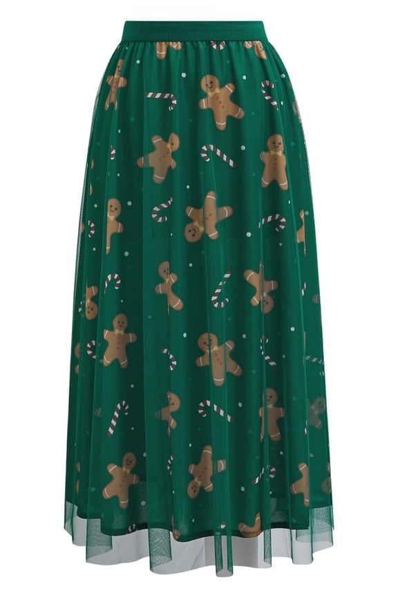 Women Christmas Gingerbread Man Green Mesh Tulle Midi Skirt A-Line High Waist Flowy Holiday Party Skirts