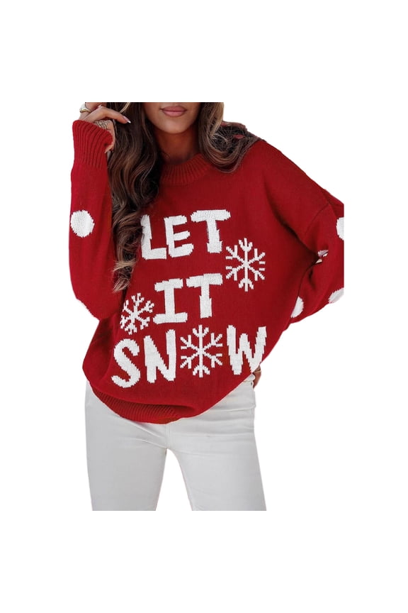 Women Christmas Snow Pattern Knit Sweater Long Sleeve Round Neck Soft Chunky Holiday Party Loose Pullover Tops Red