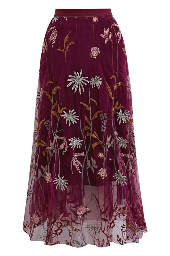 Women Floral Embroidered Tulle Skirt Flare A Line High Elastic Waist Mesh Double-Layered Midi Skirt Burgundy