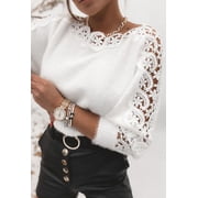 CHICWISH Women Lace Trim Fuzzy Knit Sweater Fall Casual Crewneck Crochet Lace Long Sleeve Soft Pullover Sweaters Tops White