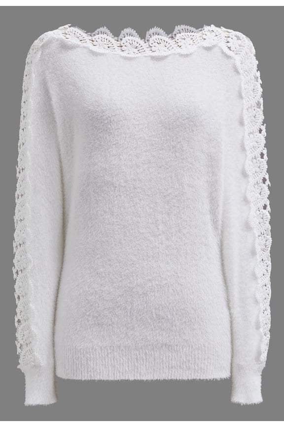Women Lace Trim Fuzzy Knit Sweater Fall Casual Crewneck Crochet Lace Long Sleeve Soft Pullover Sweaters Tops White