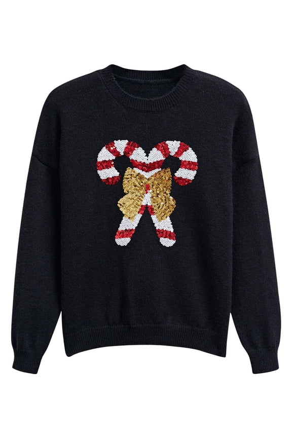 Women Sequin Bowknot Candy Cane Print Knit Christmas Sweater Crewneck Long Sleeve Holiday Sweaters Pullover Black