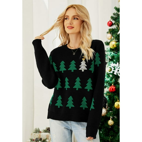CHICWISH Women Sequined Christmas Tree Print Knit Sweater Crewneck Holiday Sweaters Long Sleeve Pullover Tops Black