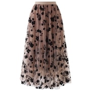 CHICWISH Women Tulle Skirt 3D Posy Midi Long Fairy Skirt Tutu A-Line High Elastic Waist Mesh Double-Layered Skirt Caramel