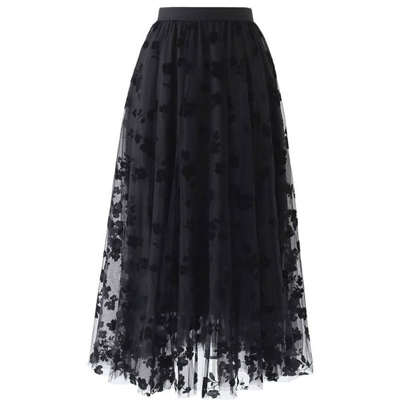 CHICWISH Women Tulle Skirt 3D Posy Midi Long Fairy Skirt Tutu A-Line High Elastic Waist Mesh Double-Layered Skirt Black