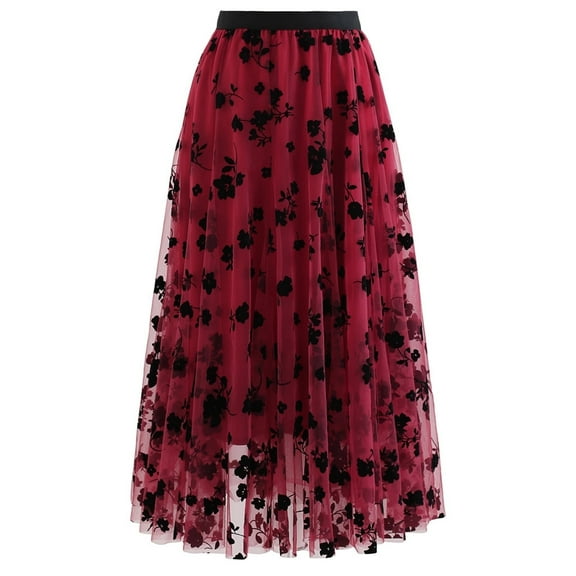 CHICWISH Women Tulle Skirt 3D Posy Midi Long Fairy Skirt Tutu A-Line High Elastic Waist Mesh Double-Layered Skirt Red