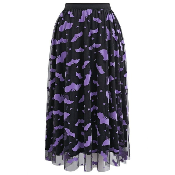 CHICWISH Women's Black Tulle Tutu Skirt Velvet Bats Elastic Waist Halloween Party Layered Mesh Midi Skirt