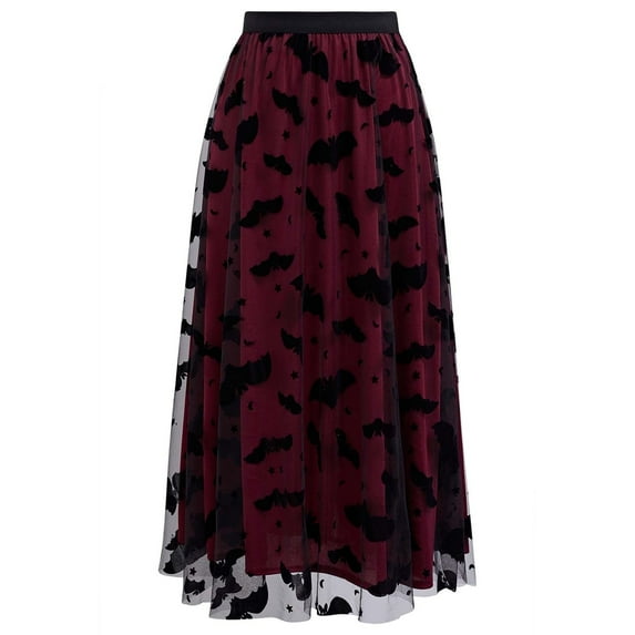 CHICWISH Women's Burgundy Tulle Tutu Skirt Velvet Bats Elastic Waist Halloween Party Layered Mesh Midi Skirt