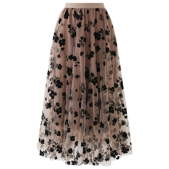 CHICWISH Women Tulle Skirt 3D Posy Midi Long Fairy Skirt Tutu A-Line High Elastic Waist Mesh Double-Layered Skirt Caramel