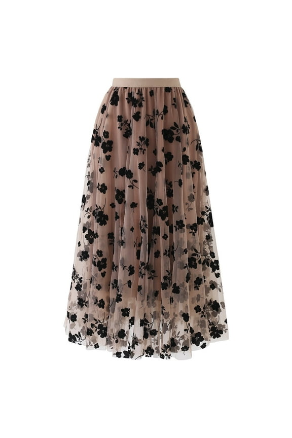 Women Tulle Skirt 3D Posy Midi Long Fairy Skirt Tutu A-Line High Elastic Waist Mesh Double-Layered Skirt Caramel