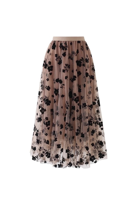 Women Tulle Skirt 3D Posy Midi Long Fairy Skirt Tutu A-Line High Elastic Waist Mesh Double-Layered Skirt Caramel