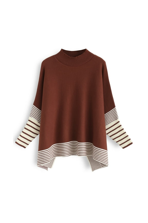 Women's Caramel Striped Oversize Soft Knit Cape Sweater Pullover