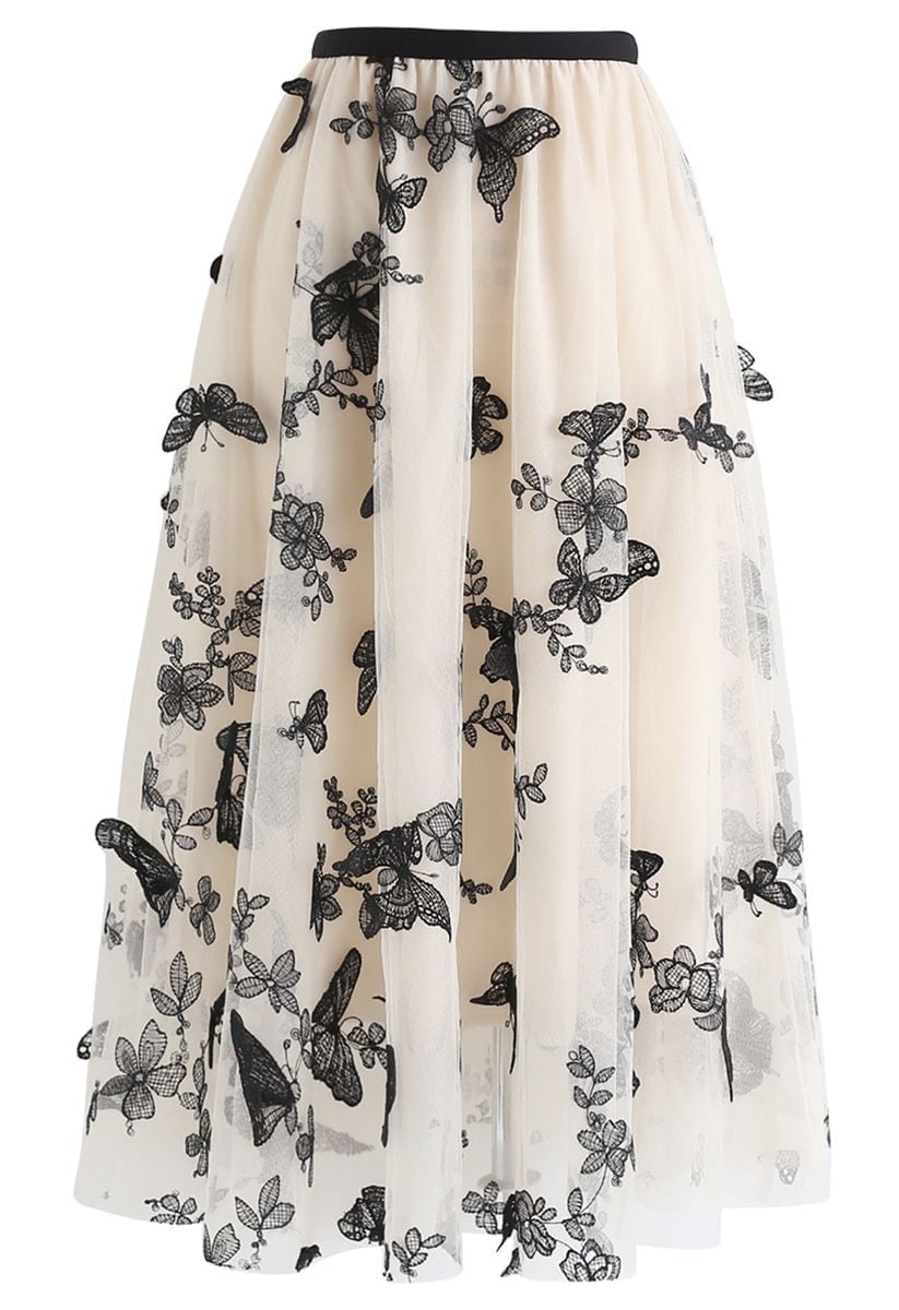 ★韓国★MILLIONDAY★BUTTERFLY MDY SKIRT★3color CHICWISH Women's Cream 3D Butterfly Double-Layered Mesh Midi