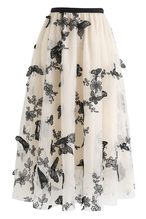 Women's Cream 3D Butterfly Double-Layered Mesh Midi Skirt
