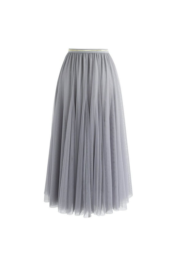 Women's Grey Layered Mesh Ballet Prom Party Tulle Tutu A-Line Maxi Skirt