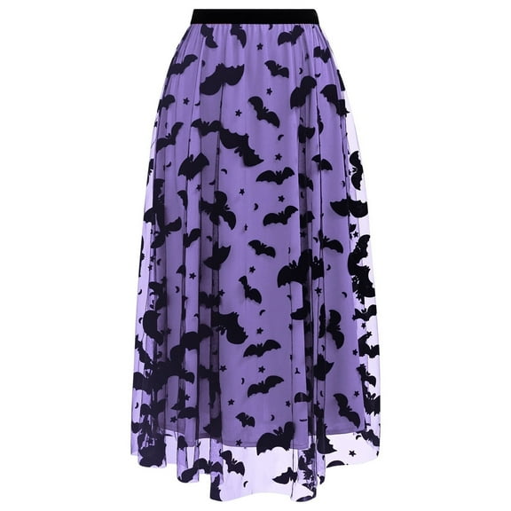 CHICWISH Women's Purple Tulle Tutu Skirt Velvet Bats Elastic Waist Halloween Party Layered Mesh Midi Skirt