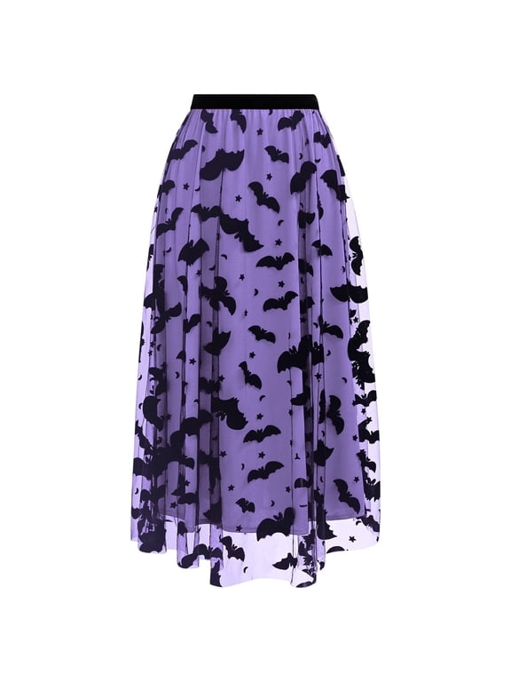 Women's Purple Tulle Tutu Skirt Velvet Bats Elastic Waist Halloween Party Layered Mesh Midi Skirt
