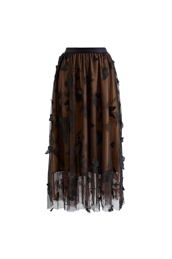 Women's Tan 3D Butterfly Double-Layered Mesh Midi Skirt