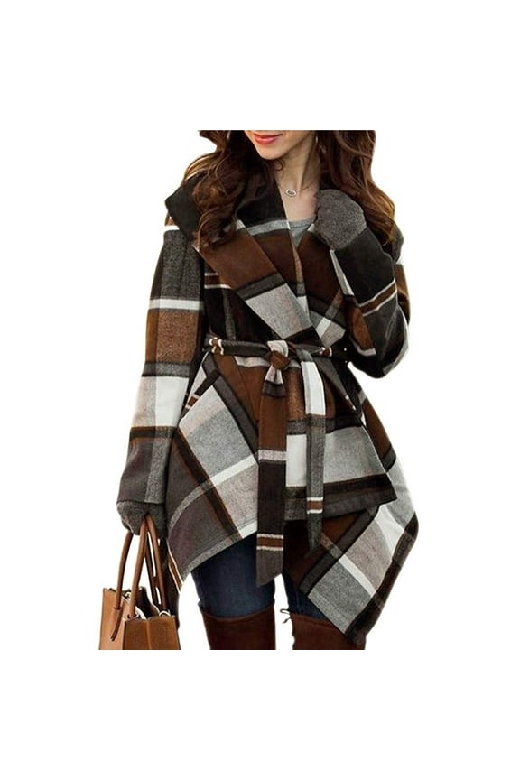 Women's Turn Down Shawl Collar Open Front Earth Tone Check Asymmetric Hemline Wool Blend Coat