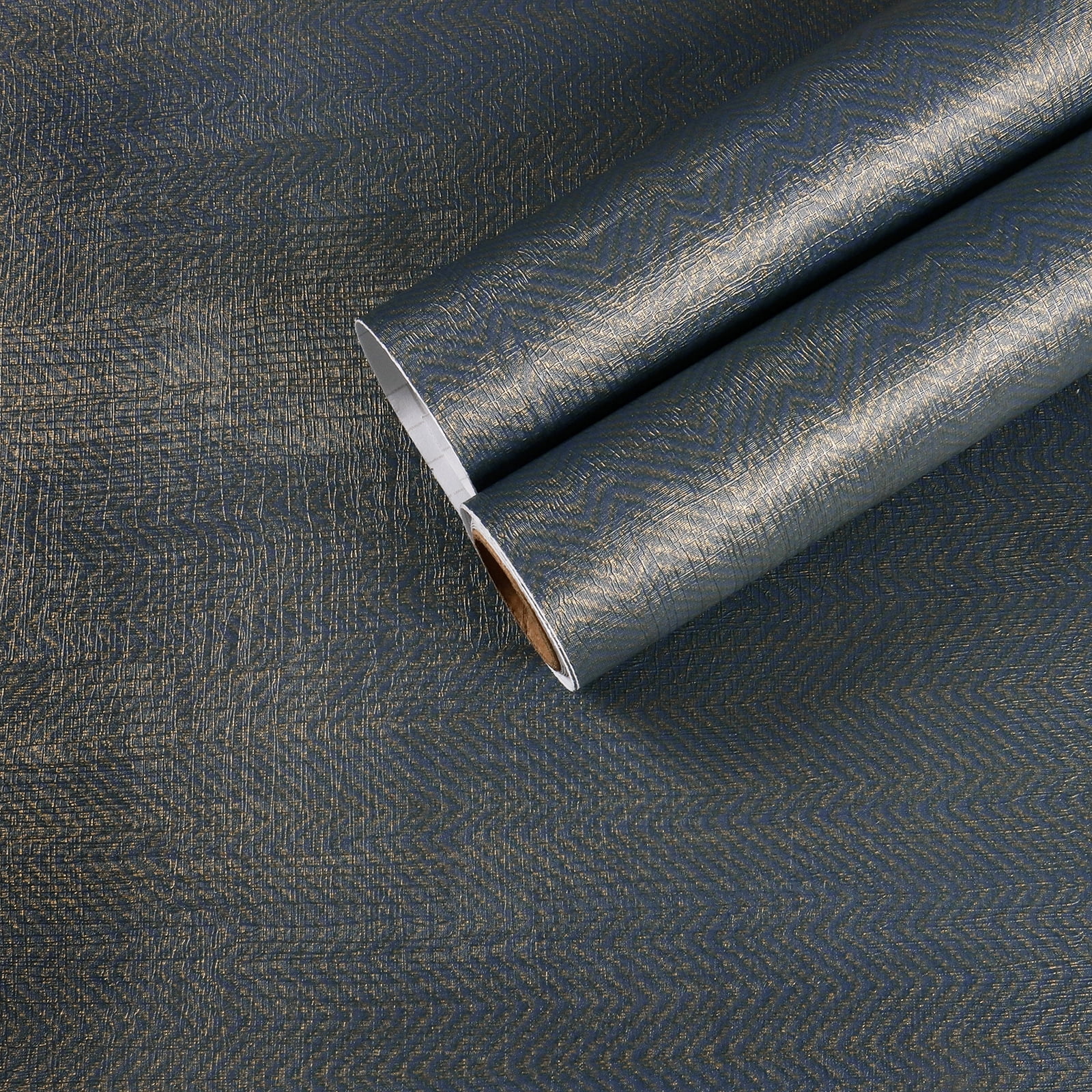 CHIHUT 17.7"x100" Blue and Gold Grasscloth Peel and Stick Wallpaper