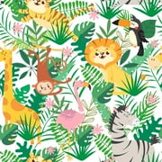 CHIHUT Cute Wild Animal Peel and Stick Wallpaper for Kitchen Waterproof 17.7"x100" Self Adhesive Green Palm Leaf Removable Contact Paper for Cabinets Vinyl Roll for Classroom Pantry Bedroom Walls