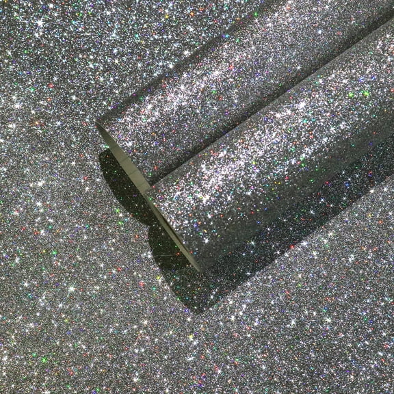 CHIHUT Holographic Grey Glitter Wallpaper Stick and Peel for Walls Self Adhesive Glitter Stick on Wallpaper for Bedroom Sparkly Fabric Glitter Contact Paper for Cabinets Shelf Liner 15.7"x100"