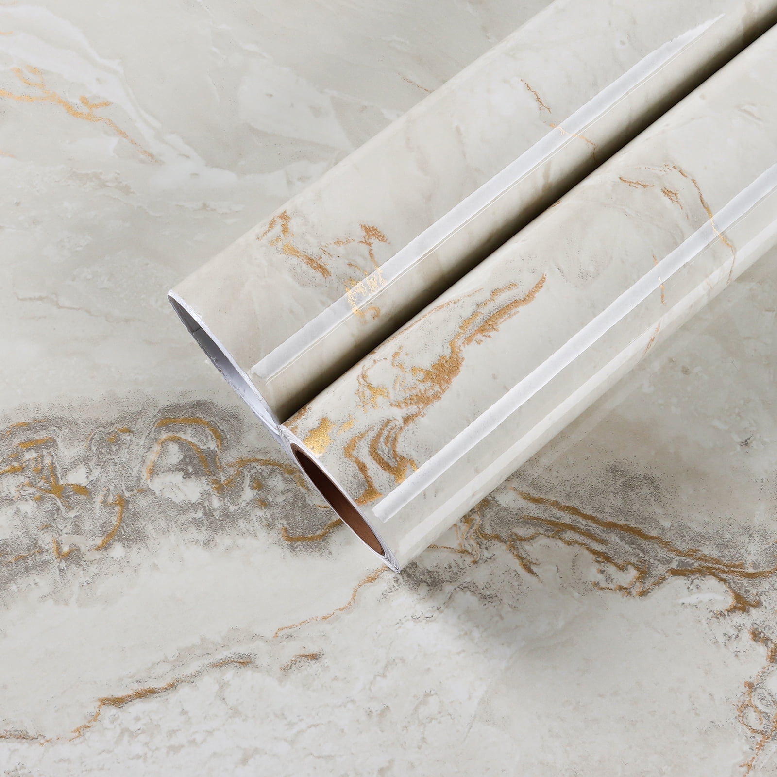 CHIHUT Marble Peel and Stick Contact Paper for Countertop Waterproof Thick Beige Gold Marble Wallpaper for Kitchen Self Adhesive Marble Wall Paper Glossy Vinyl Roll for Cabinets Furniture 17.7"x236"