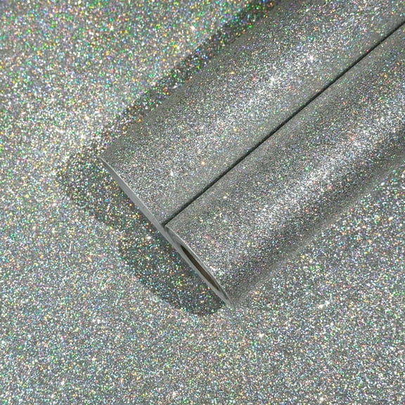 CHIHUT Peel and Stick Silver Holographic Glitter Contact Paper for Countertop Waterproof Removable Sparkle Glitter Fabric Wallpaper Self Adhesive Wall Paper for Cabinets Kitchen 15.7''x236''