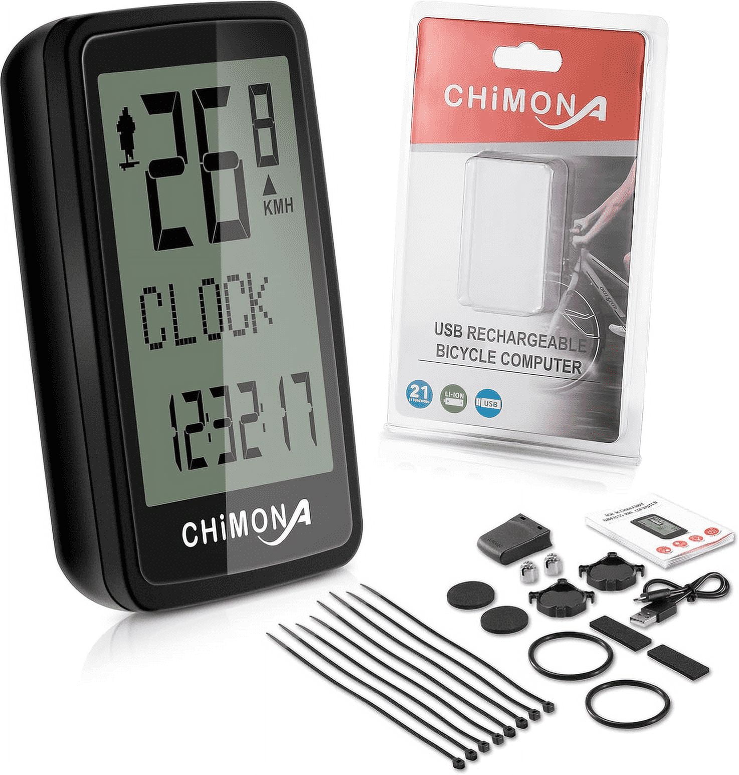 CHIMONA Rechargeable bike computer wireless, MPH KM/H Selectable Bike speedometer IPX7