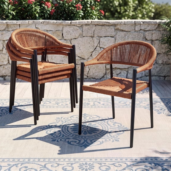CHINNLUU 4 Pcs Patio Dining Chairs, Stackable Aluminum Woven Rope Rattan Chairs, No Assembly, All-Weather Outdoor Chairs for Backyard, Porch, Deck, Pool