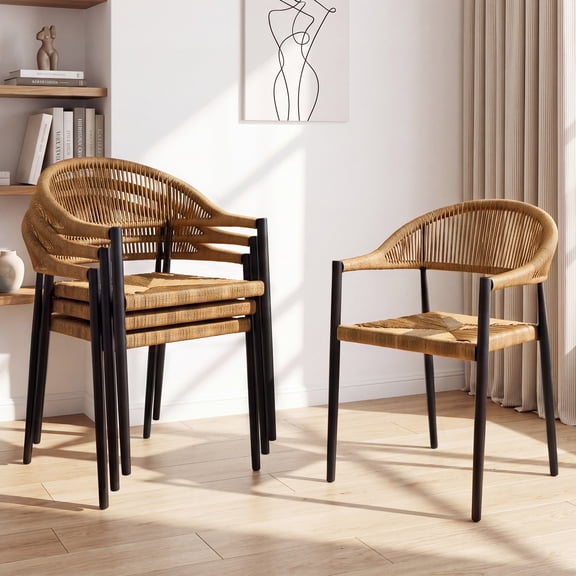 CHINNLUU 4 Pcs Patio Dining Chairs, Stackable Aluminum Woven Rope Rattan Chairs, No Assembly, All-Weather Outdoor Chairs for Backyard, Porch, Deck, Pool