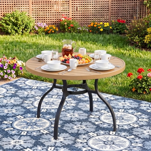 CHINNLUU 41" Outdoor Dining Table for 4, Metal Round Patio Table with Umbrella Hole, All-Weather Outdoor Patio Dining Table for Lawn Garden Deck Backyard (Natural)