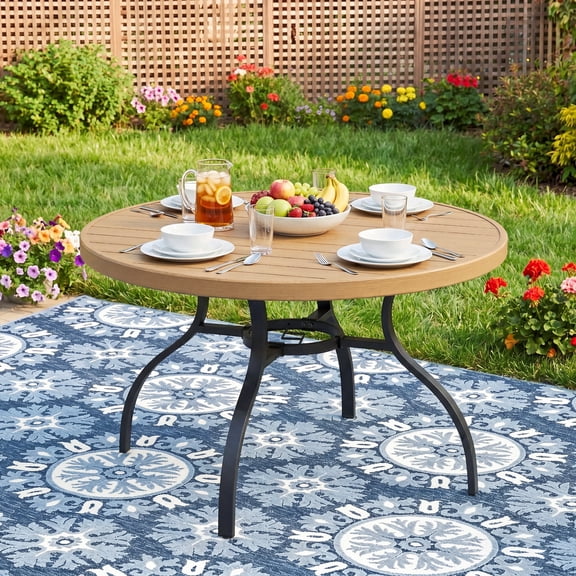 CHINNLUU 47" Outdoor Dining Table for 6, Metal Round Patio Table with Umbrella Hole, All-Weather Outdoor Patio Dining Table for Lawn Garden Deck Backyard (Natural)