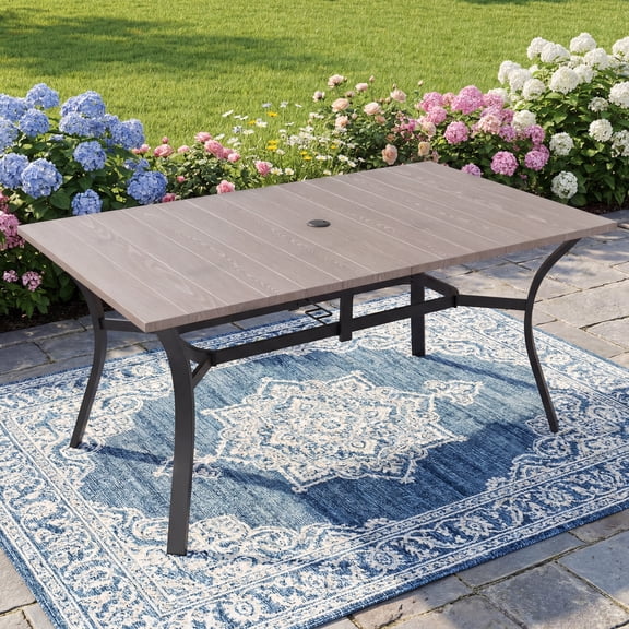 CHINNLUU 63" 6-Person Outdoor Rectangular Metal Dining Table with 1.97" Umbrella Hole, All-Weather Resistance Patio Table -(63“ x 37.8” Natural)