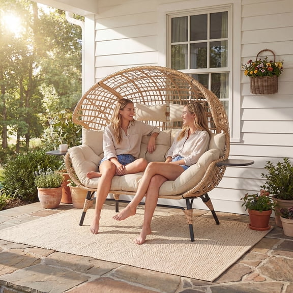 CHINNLUU Double Egg Chair Indoor Outdoor Stationary Oversized Thicken Padded Cushions,2 Person Egg Loveseat Chair, Extra Large Lounge Chair for Patio Balcony Porch - (Beige Square)